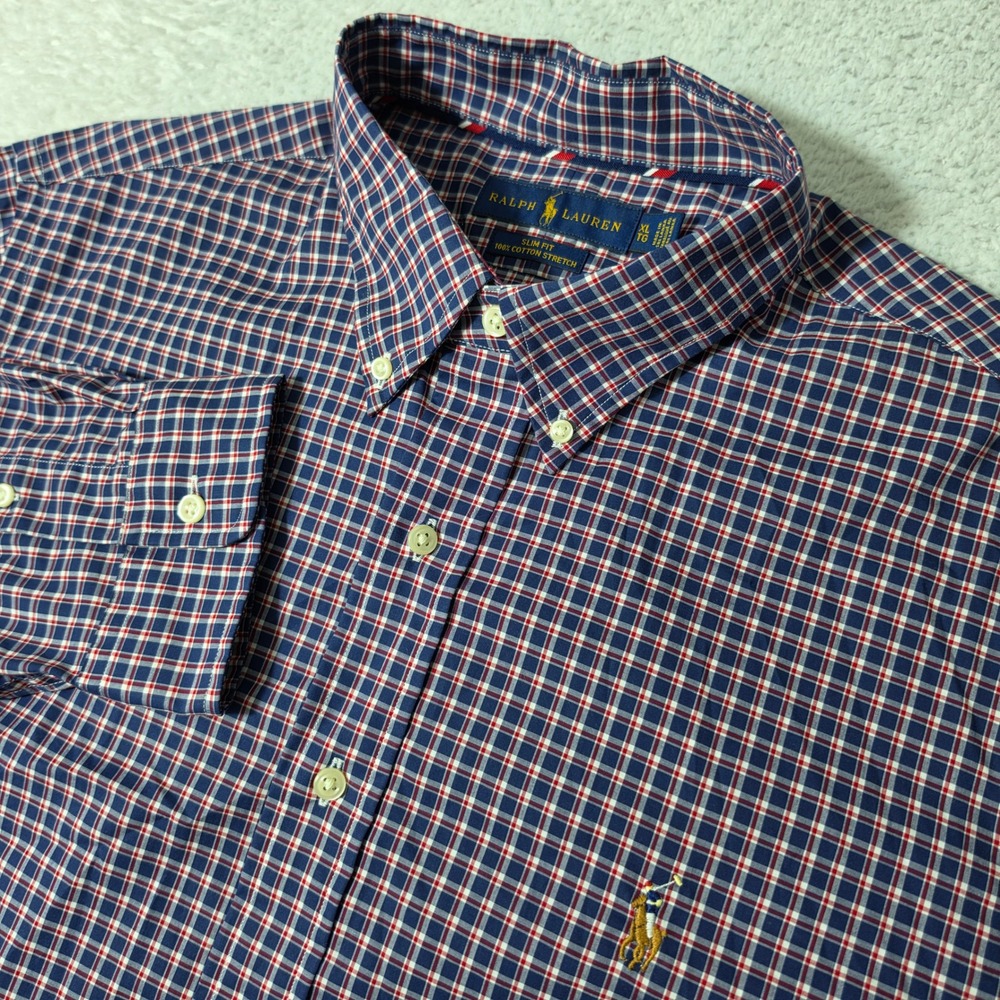 NEW Ralph Lauren L/S Shirt Mens XL Navy Red Plaid Slim Fit Cotton Stretch